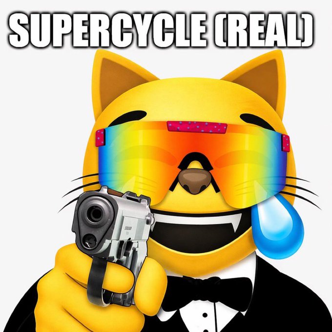 A yellow cartoon cat character wearing rainbow sunglasses, a tuxedo with bow tie, and holding a pistol with a sweat drop, captioned 'SUPERCYCLE (REAL)'.