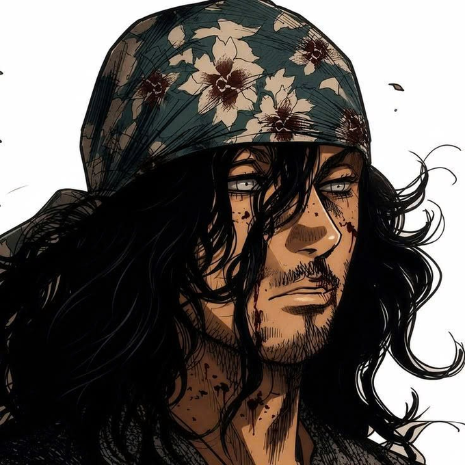 A gritty manga-style portrait of a long-haired man wearing a floral bandana, with blood splattered across his face, conveying intensity and determination. The image pairs with the post's message of midweek momentum, symbolizing resilience and grit as the projects keep progressing.