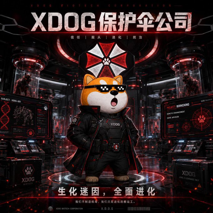 The image is a promotional poster for XDOG Biotech Corporation, featuring an orange Shiba Inu mascot in a black tactical coat and pixelated "deal with it" sunglasses, surrounded by sinister red-lit containment pods holding creature subjects labeled "SUBJECT: XDOG-001" with project notes including "BORKENING," "GENETIC ENHANCEMENT," and "NERVE INFUSION," while Chinese text reads "XDOG 保护伞公司" (XDOG Umbrella Corporation) and "生化迷因，全面进化" (Biochemical Meme, Full Evolution).

The dystopian "Umbrella Corporation"-styled poster ties into the $XDOG one-year anniversary milestone, framing the meme token as a fearlessly evolved, community-built biotech creation hardened through a year of organic growth on X Layer.