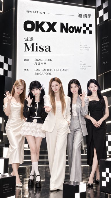 Five elegantly dressed women pose in front of a large "OKX Now" invitation banner dated 2026.10.06 at Pan Pacific, Orchard Singapore, with the post announcing a meet-and-greet event in the city.