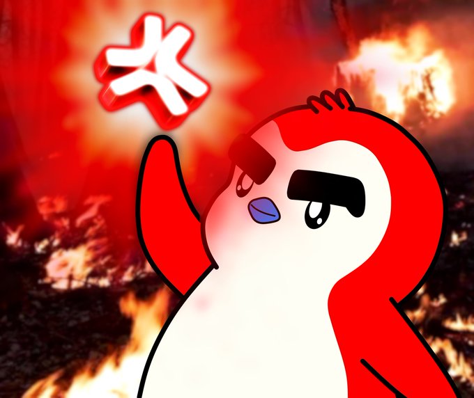 An angry-looking red cartoon character stands in front of a fiery, burning background with a Chinese character symbol above.