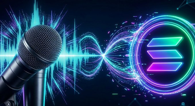 A microphone is shown next to a glowing neon sound wave and the Solana logo, symbolizing audio and the blockchain.
