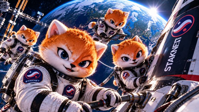 A digital illustration of anthropomorphic orange cats in astronaut spacesuits floating in space near Earth, with "STAKNET" branding visible on their suits and a spacecraft.