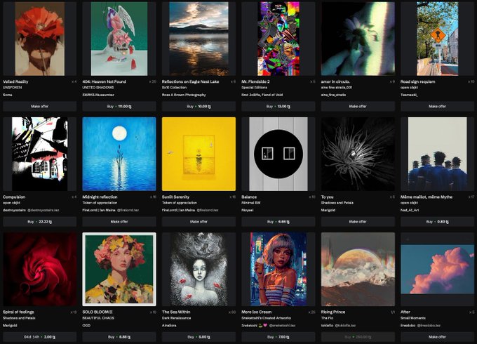A digital NFT marketplace interface displaying a grid of digital artworks for sale, including pieces titled 'Veiled Reality' by UNIFORM, '404: Heaven Not Found' by UNITED SHADOWS, 'Reflections on Eagle Nest Lake' by BiVi Collection, 'Mr. Flandale 2' by Eric Ziobrowski, and 'Road sign requiem' by Teemunki, with various price tags in Tezos (XTZ) and ETH.