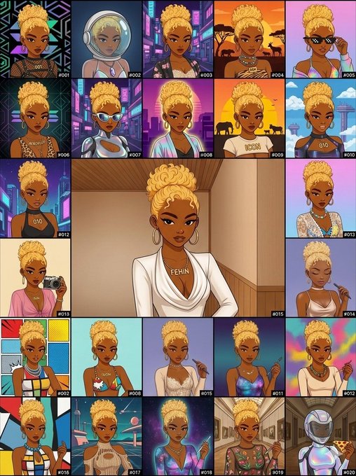 A grid of 20 digital illustrations (#001-#020) features a stylized character with blonde hair in various outfits and settings, serving as a preview for an NFT collection called "Yung Ho" with a mint price of $100 and supply of 999.