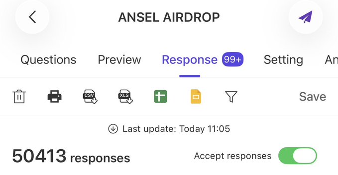 A screenshot of the "ANSEL AIRDROP" response tab showing 50,413 responses collected, with the "Accept responses" toggle turned on and a last update timestamp of "Today 11:05." The high number of submissions suggests significant engagement ahead of the August 25th deadline for wallet address submissions mentioned in the post.