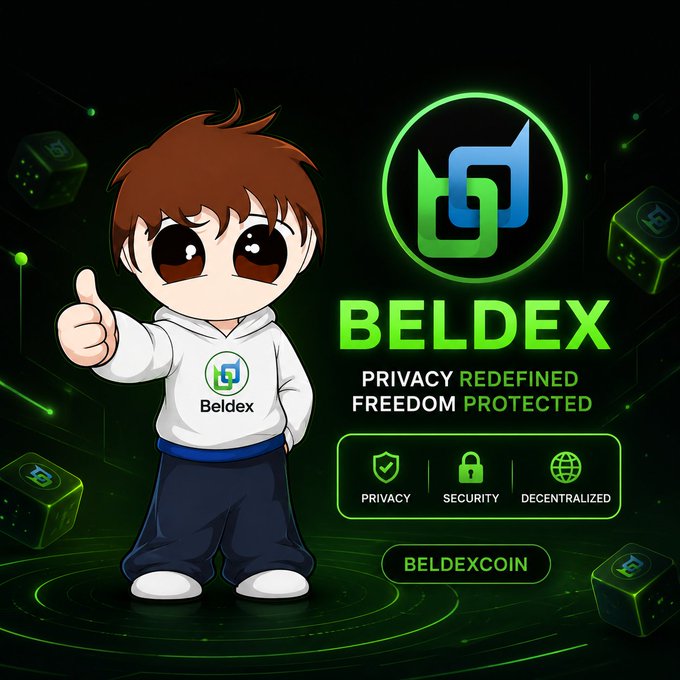 Promotional image for BELDEX featuring a chibi-style cartoon character giving a thumbs up, with the tagline "PRIVACY REDEFINED FREEDOM PROTECTED" and features listed as Privacy, Security, and Decentralized.