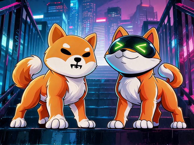 A digital artwork featuring two cartoon Shiba Inu dogs standing on a city street; one wears futuristic green-glowing visor glasses while the other has a small fang showing, set against a neon-lit cyberpunk cityscape.