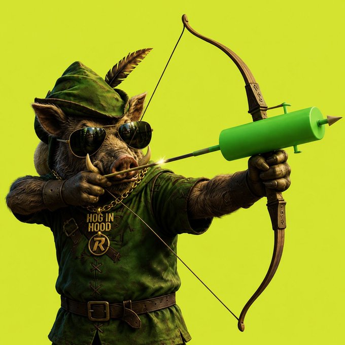 A 3D-rendered anthropomorphic boar wearing a green tunic with "HOG IN HOOD" text, sunglasses, and a feathered cap draws back a green bow and arrow against a lime green background.