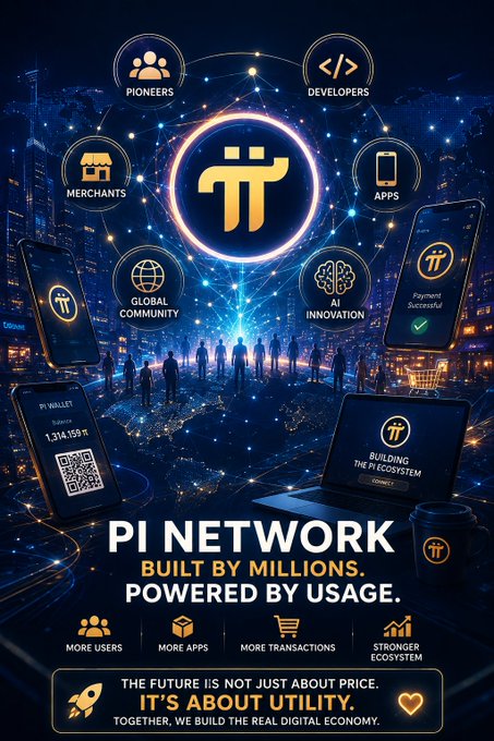 The image is a promotional graphic for "PI NETWORK," highlighting its ecosystem with icons for Pioneers, Developers, Merchants, Apps, Global Community, and AI Innovation, alongside visuals of a smartphone showing a successful Pi payment, a Pi Wallet displaying a balance of "1,314,159 Pi," and a laptop reading "Building the Pi Ecosystem." The tagline emphasizes "Built by Millions. Powered by Usage," reinforcing the post's message that Pi's true value lies in its real-world adoption and utility rather than price speculation.