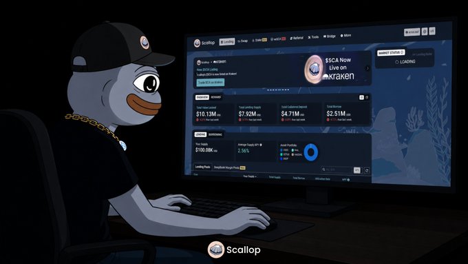 An animated gray seal mascot wearing a black cap and chain sits at a computer displaying the Scallop crypto dashboard, which shows 'sSCA Now Live on Kraken', a Total Value Locked of $10.13M, and Total Unstaked of $2.51M.