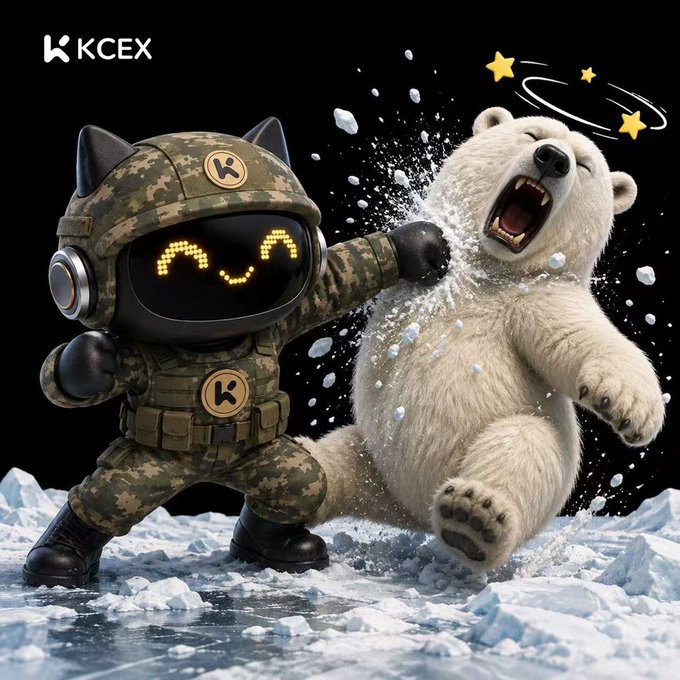 A promotional image for KCEX features a cartoonish cat character in military camouflage gear punching a polar bear on an icy surface, with stars circling around the bear's head.