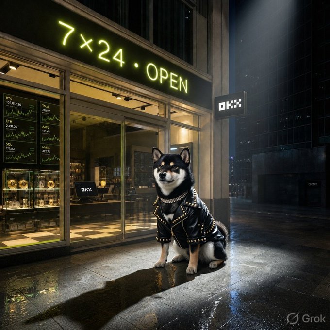 A Shiba Inu dog wearing a studded black leather jacket sits outside a 24-hour storefront displaying crypto prices on screens.