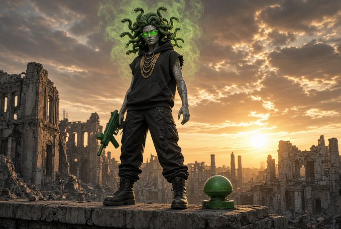 A Medusa-like figure with glowing green eyes, snake hair, and green mist stands on a stone platform amid ruins at sunset, holding a weapon, with a green orb beside her.