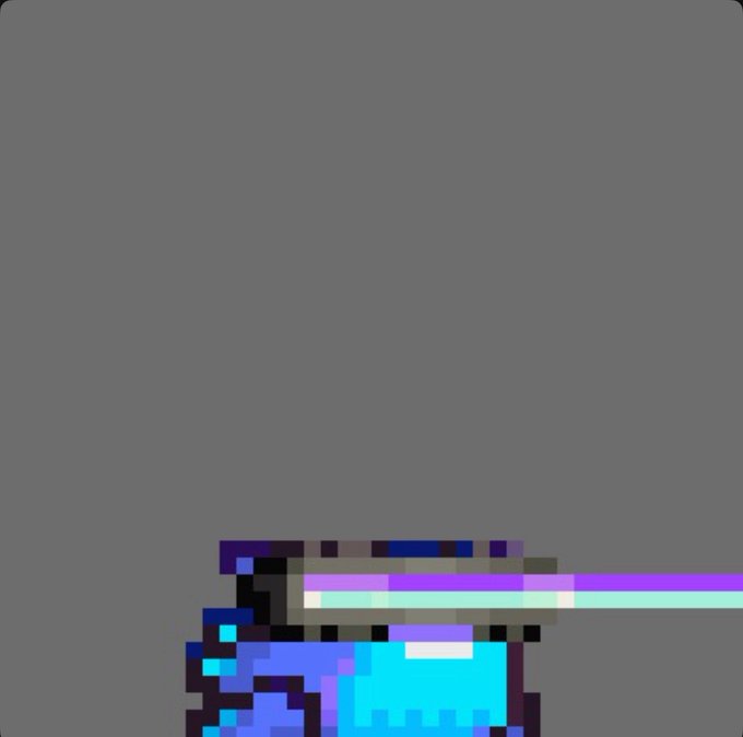 A pixel art animation frame showing a cyan and purple blocky character being struck by a horizontal beam of light against a gray background.