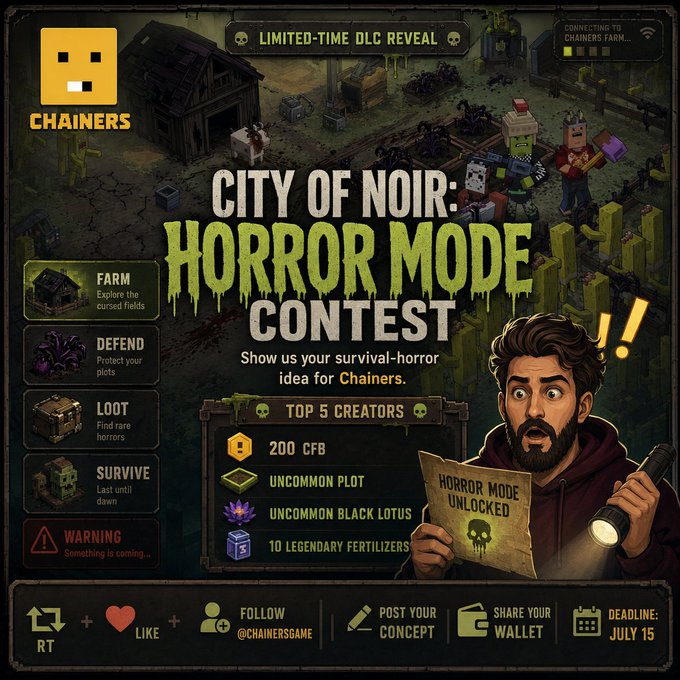 A promotional graphic for 'CITY OF NOIR: HORROR MODE CONTEST' by Chainers, listing tasks like Farm, Defend, Loot, Survive, with a deadline of July 15 and a top prize of 200 CFB.