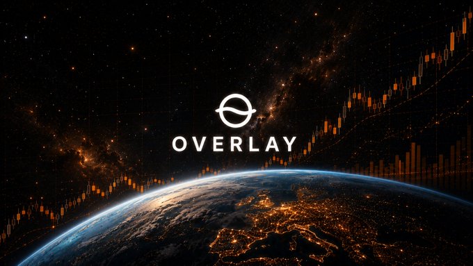 Space-themed promotional image for 'OVERLAY' featuring the project logo, Earth viewed from space with city lights visible, and an overlay of orange stock chart/candlestick patterns.