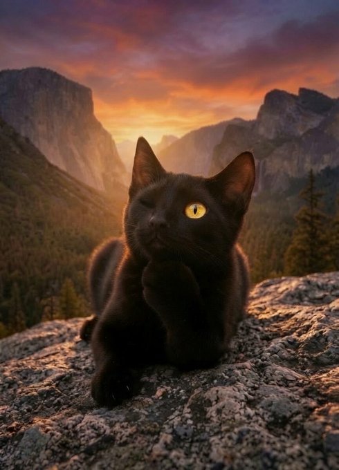 A black cat with striking yellow eyes sits on a rocky surface against a stunning mountain valley backdrop during a vibrant sunset.