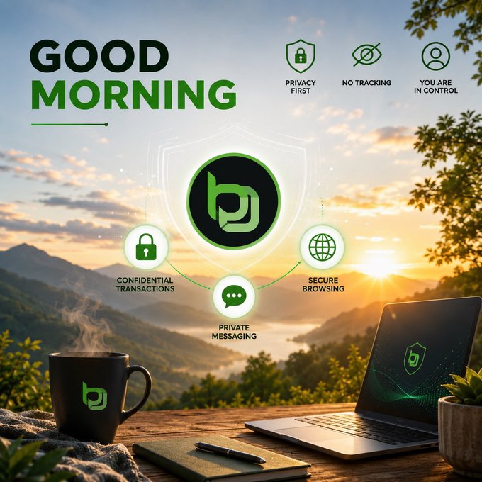 A promotional graphic reading 'GOOD MORNING' featuring a privacy/security app with features labeled 'PRIVACY FIRST', 'NO TRACKING', 'YOU ARE IN CONTROL', 'CONFIDENTIAL TRANSACTIONS', 'PRIVATE MESSAGING', and 'SECURE BROWSING' displayed over a mountain sunrise background with a coffee mug and laptop.