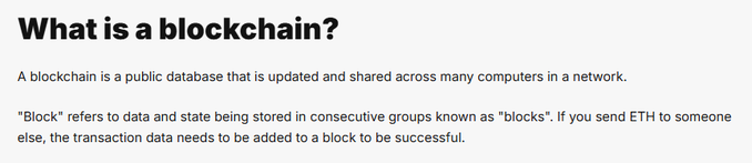 An informational graphic titled 'What is a blockchain?' explaining it as a public database updated across many computers, with 'blocks' storing consecutive data and states, using ETH transactions as an example.