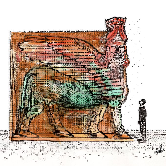 An artistic drawing of a winged Mesopotamian lamassu statue with a human head, crown, and beard, standing next to a small silhouetted figure, overlaid with text and symbols.