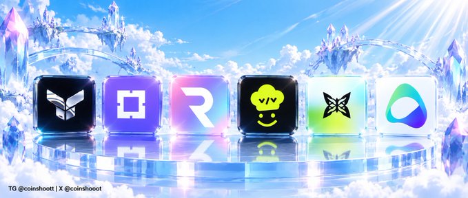 A vibrant graphic showcasing six cryptocurrency token icons in a futuristic, cloud-filled setting with the text "TG @coinshoot1 | X @coinshoot".