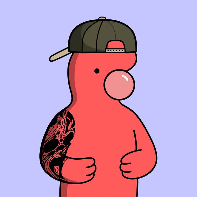 A red cartoon character with a backwards cap and a black tribal tattoo on its arm poses against a light purple background. The image pairs with a giveaway post offering 5 GTD and 12 FCFS prizes to followers who tag @biwlsxyz and leave their EVM address.