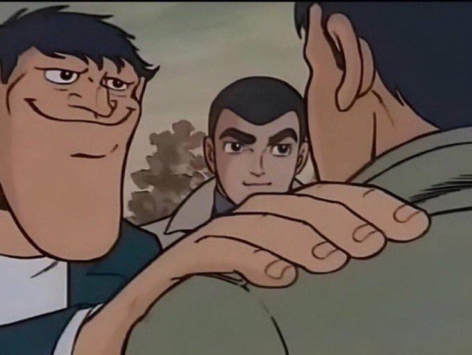 Two cartoon men with mischievous expressions high-five each other in a covert handshake, with a third man in the background watching. The image illustrates the post's message about men embracing hustles like crypto, Forex, and business to escape poverty and laziness.