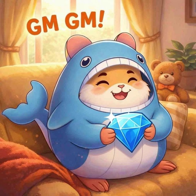 A cute cartoon hamster wearing a blue shark costume holding a blue diamond, with 'GM GM!' text, sitting on a couch next to a teddy bear.