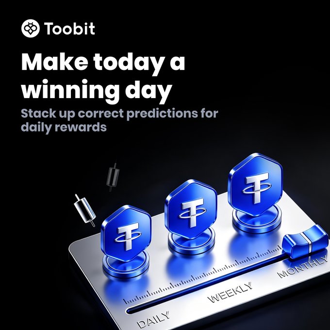 A Toobit cryptocurrency advertisement with the slogan "Make today a winning day," displaying three blue Tether (USDT) coins on a ruler marked DAILY, WEEKLY, and MONTHLY.