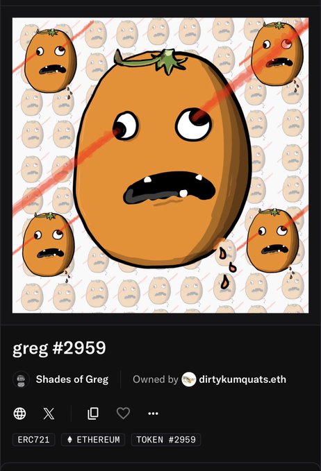 An NFT listing titled "greg #2959" from the "Shades of Greg" collection shows a crying potato-like character with red laser eyes, owned by dirtykumquats.eth on the Ethereum blockchain.