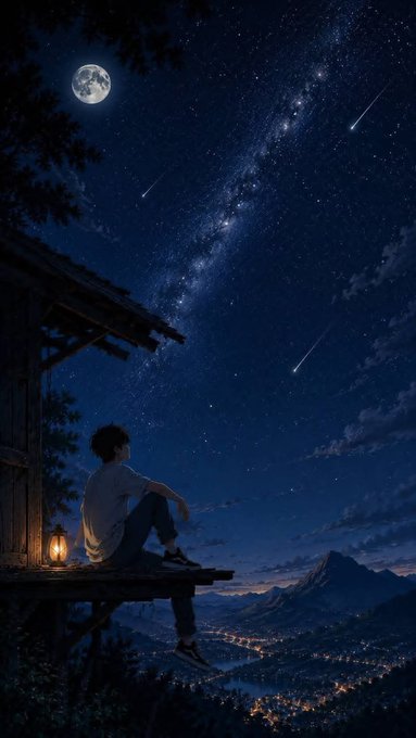 An anime-style illustration of a person sitting on a wooden ledge under a starry night sky with a full moon, shooting stars, and the Milky Way visible above a distant illuminated landscape.