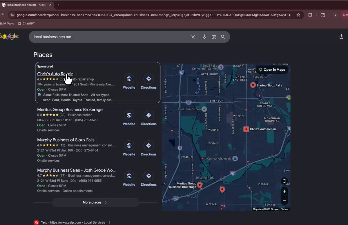 The image shows a Google Maps search screen for local businesses and restaurants. The map displays various locations such as "Chrissautau" and "Mall of America". There are also several other places listed, including "Mall of America", "Chrissautau", and "Mall of America". The post suggests that there is a new app for finding local businesses and restaurants.