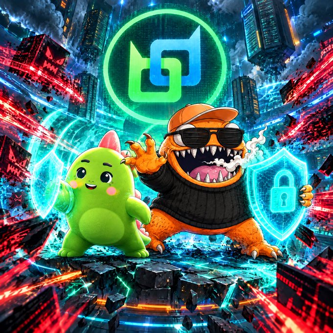 A vibrant digital illustration featuring a green dinosaur-like creature and an orange reptilian character wearing sunglasses, surrounded by a futuristic cyberpunk cityscape and glowing technology logos.