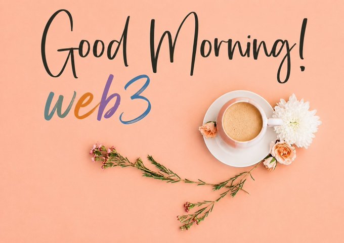 The image features an orange background with the text "Good Morning!" written above a cup of coffee and flowers. The text "WEB3" appears below the coffee cup as well. The phrase "based on mutuals active on - @XOOBNetwork @TheARCTERMINAL Polymarket Base sleepagotchi The announcement from Miden about bringing on its first batch of Guardian operators feels like a meaningful step forward for private accounts".