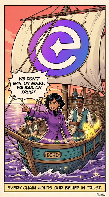 An illustrated comic-style image of a sailing ship with an 'e' symbol on the sail, featuring a woman in purple pointing forward with the text 'We don't sail on noise, we sail on trust' and 'Every chain holds our belief in trust.'