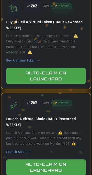 A Canopy platform interface showing two daily quest cards: 'Buy Or Sell A Virtual Token' and 'Launch A Virtual Chain' on testnet, each offering +100 CNPY points with weekly rewards paid out on Monday (EDT).