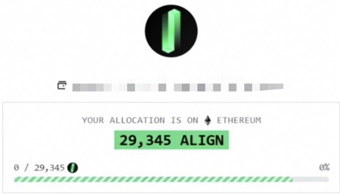 A claim page for the Aligned ($ALIGN) airdrop shows a user allocation of 29,345 ALIGN tokens on Ethereum, with 0% currently claimed. The image relates to the post by demonstrating the airdrop interface where eligible users can claim their token allocation.