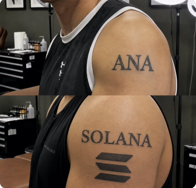 Two photos show shoulder tattoos on a person wearing a black tank top, with 'ANA' tattooed on one shoulder and 'SOLANA' with the Solana logo lines on the other.