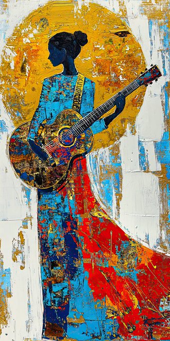 A textured, colorful painting of a silhouetted figure with a hair bun playing a guitar, surrounded by a golden halo and wearing a flowing red and blue dress.