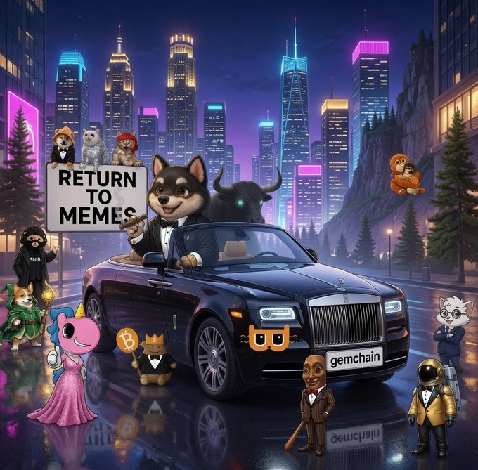 A vibrant digital illustration showing a Shiba Inu in a tuxedo driving a black Rolls-Royce through a neon cityscape, surrounded by various crypto memes including doge characters, an astronaut, and a 'RETURN TO MEMES' sign, with the license plate reading 'gemchain'.