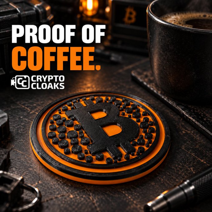 A 3D-printed black and orange Bitcoin-themed coaster sits on a dark workbench alongside a coffee mug, with the text "PROOF OF COFFEE." and the "CRYPTO CLOAKS" logo displayed in the upper left, promoting the Bitcoin coaster pair for $12.99 from cryptocloaks.com.