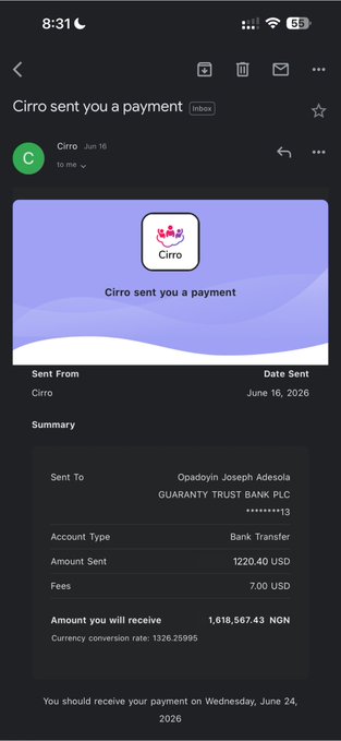 A Gmail notification from Cirro dated June 16, 2026, confirming a 1,220.40 USD bank transfer sent to Opadoyin Joseph Adesola at Guaranty Trust Bank, which converts to 1,618,567.43 NGN and is set to arrive on Wednesday, June 24, 2026. The image illustrates a successful cross-border payment proof, supporting the post's claim of earning money through a method that requires mental effort, with the full guide shared in their Telegram pinned post.