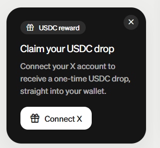 A pop-up notification offering a 'USDC reward' and prompting users to 'Claim your USDC drop' by clicking 'Connect X'.