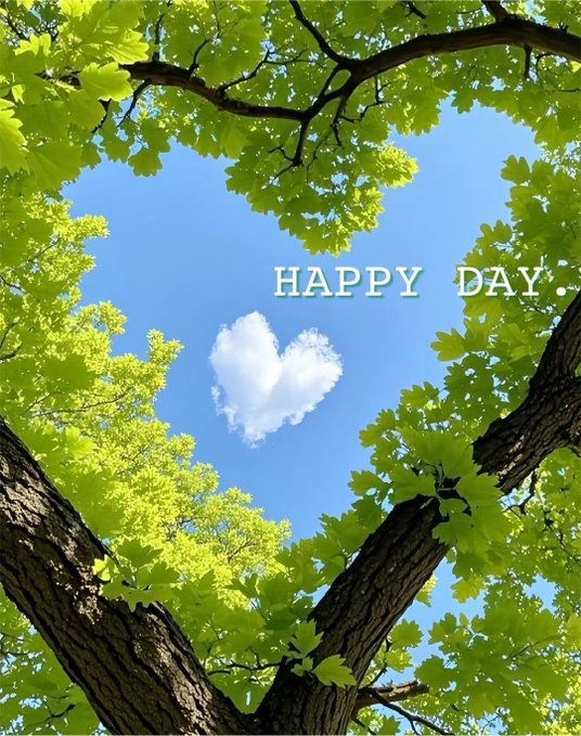 A view looking up through a leafy green tree canopy reveals a bright blue sky with a heart-shaped cloud and the text "HAPPY DAY." overlay. The uplifting, feel-good imagery of nature and a heart-shaped cloud contrasts with the post's promotion of BeldexCoin's development, pairing a cheerful "Happy Day" message with commentary on the project's technical roadmap.
