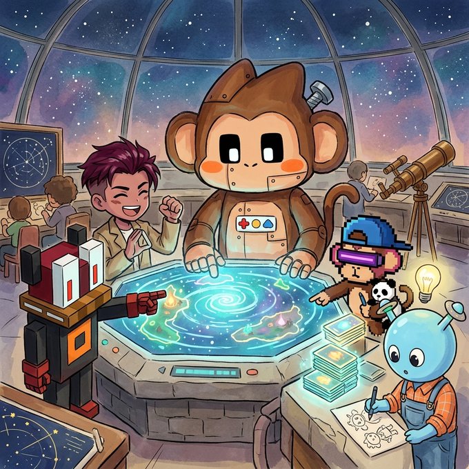 A whimsical illustration of characters including a large monkey robot, a smiling person, and a small blue alien gathered around a glowing hexagonal table in a star-filled observatory.