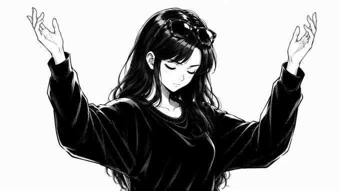 A black and white illustration of a girl with long dark hair and sunglasses on her head, raising both hands with two fingers extended—giving a "monday gesture" pose. The image matches the caption's lighthearted theme as she playfully marks off items on her Monday checklist while asking "am i cooking or am i cooked."