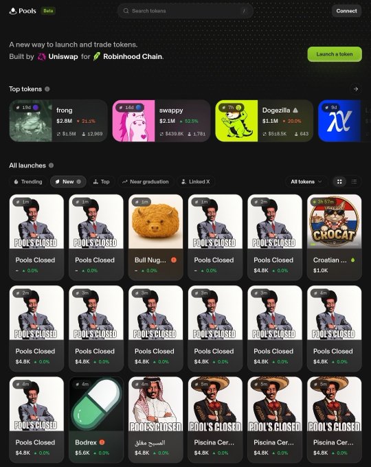 A screenshot of a cryptocurrency platform called 'Pook' showing token listings like 'frong', 'swappy', 'Dogezilla', and 'Croatian...', with multiple 'POOL'S CLOSED' entries and built by Uniswap for Robinhood Chain.