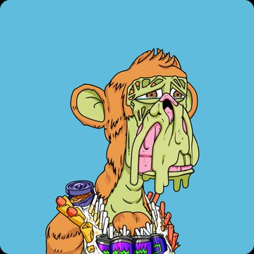 A cartoon illustration of a melting monkey-like creature with drooping features against a blue background, holding paintbrushes and jars.