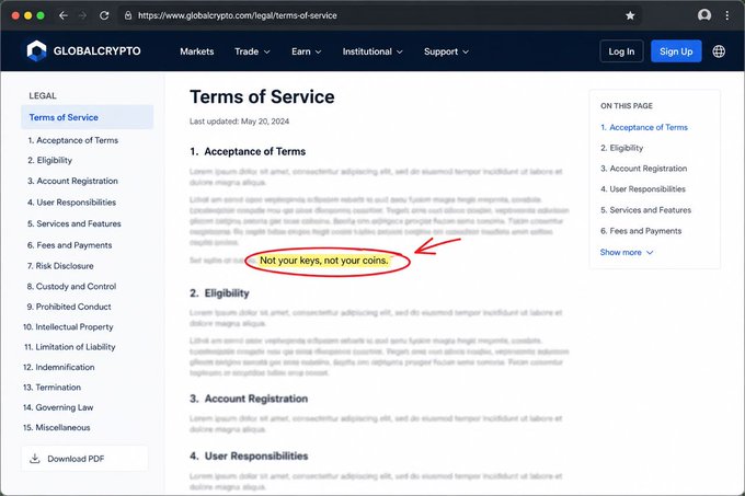 A screenshot of the GlobalCrypto Terms of Service webpage, with a red circle and arrow highlighting the phrase 'Not your keys, not your coins.' in the text.